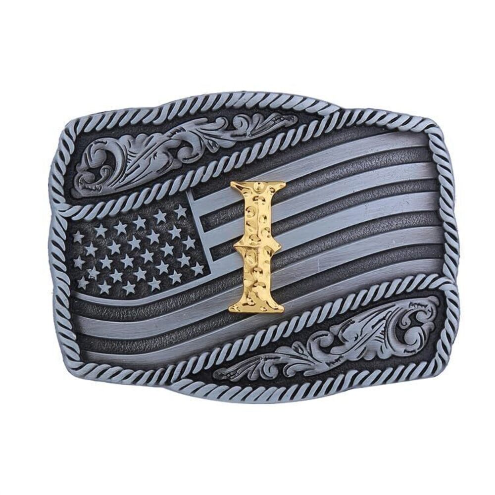 8958 Western Cowboy Belt Buckle , Initial Letters American Flag Belt Buckle